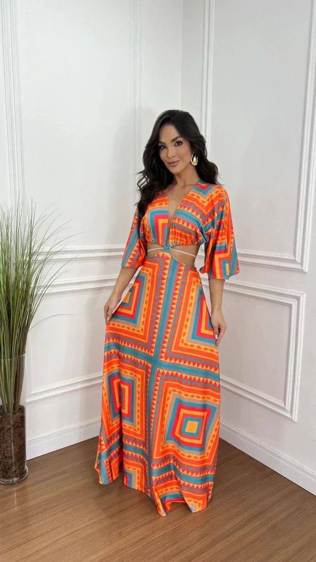 Vestido Romana Estampado Laranja